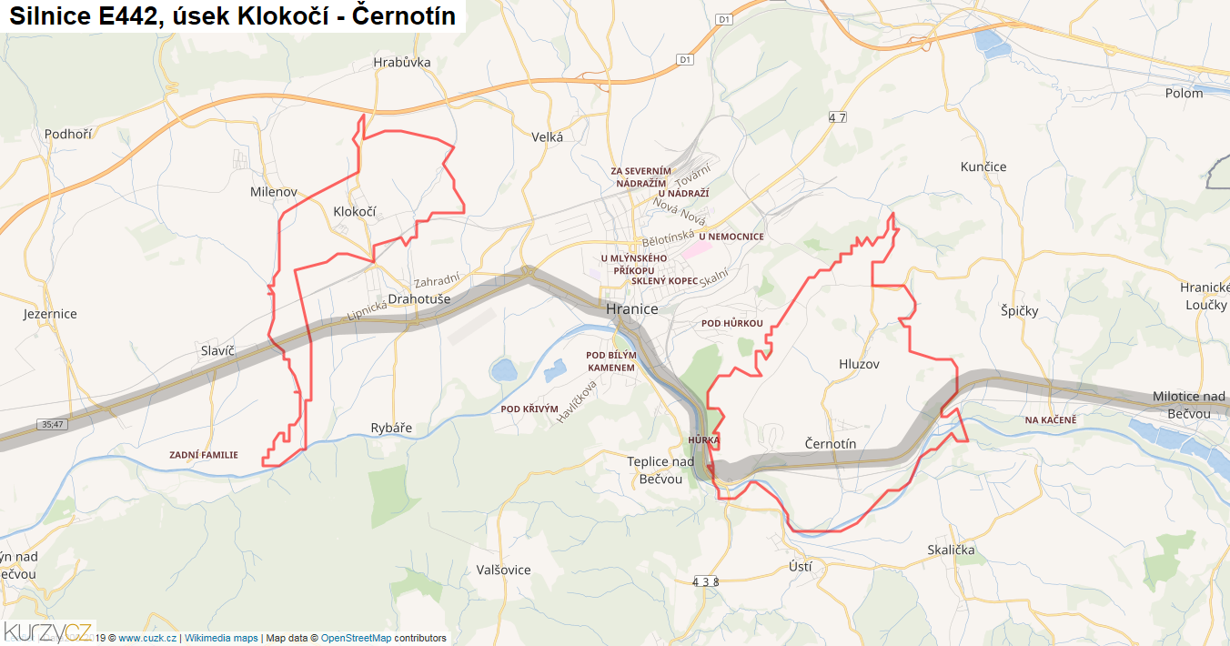 Úsek Klokočí - Černotín, Silnice E442 - Mapa