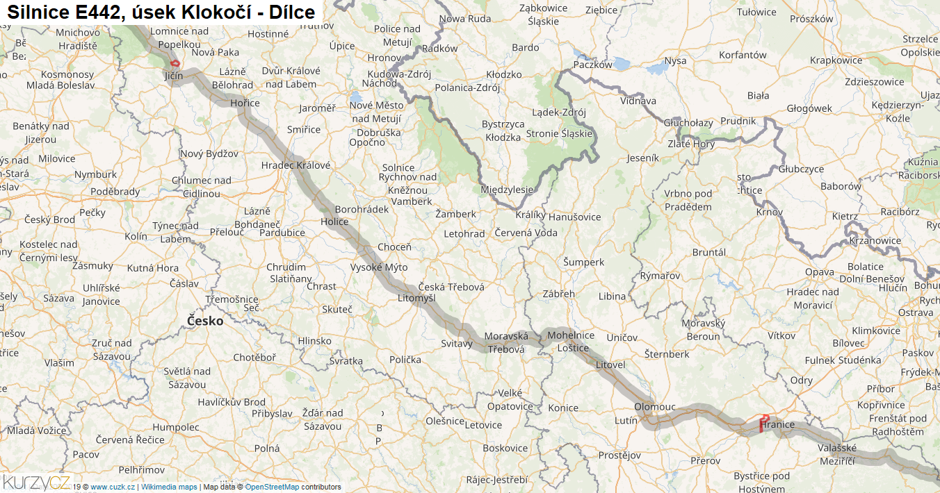 Úsek Klokočí - Dílce, Silnice E442 - Mapa