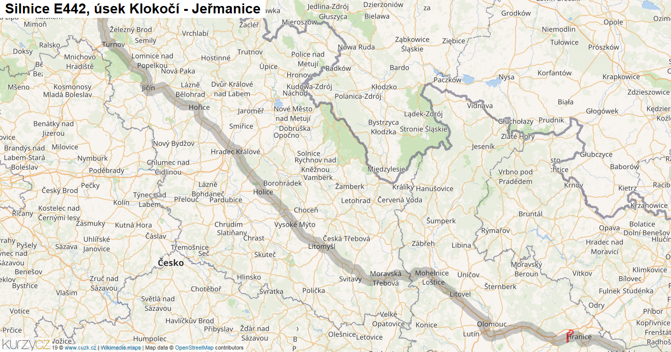 Úsek Klokočí - Jeřmanice, Silnice E442 - Mapa