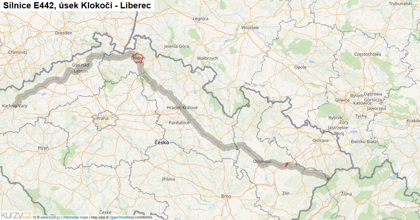 Úsek Klokočí - Liberec, Silnice E442 - Mapa