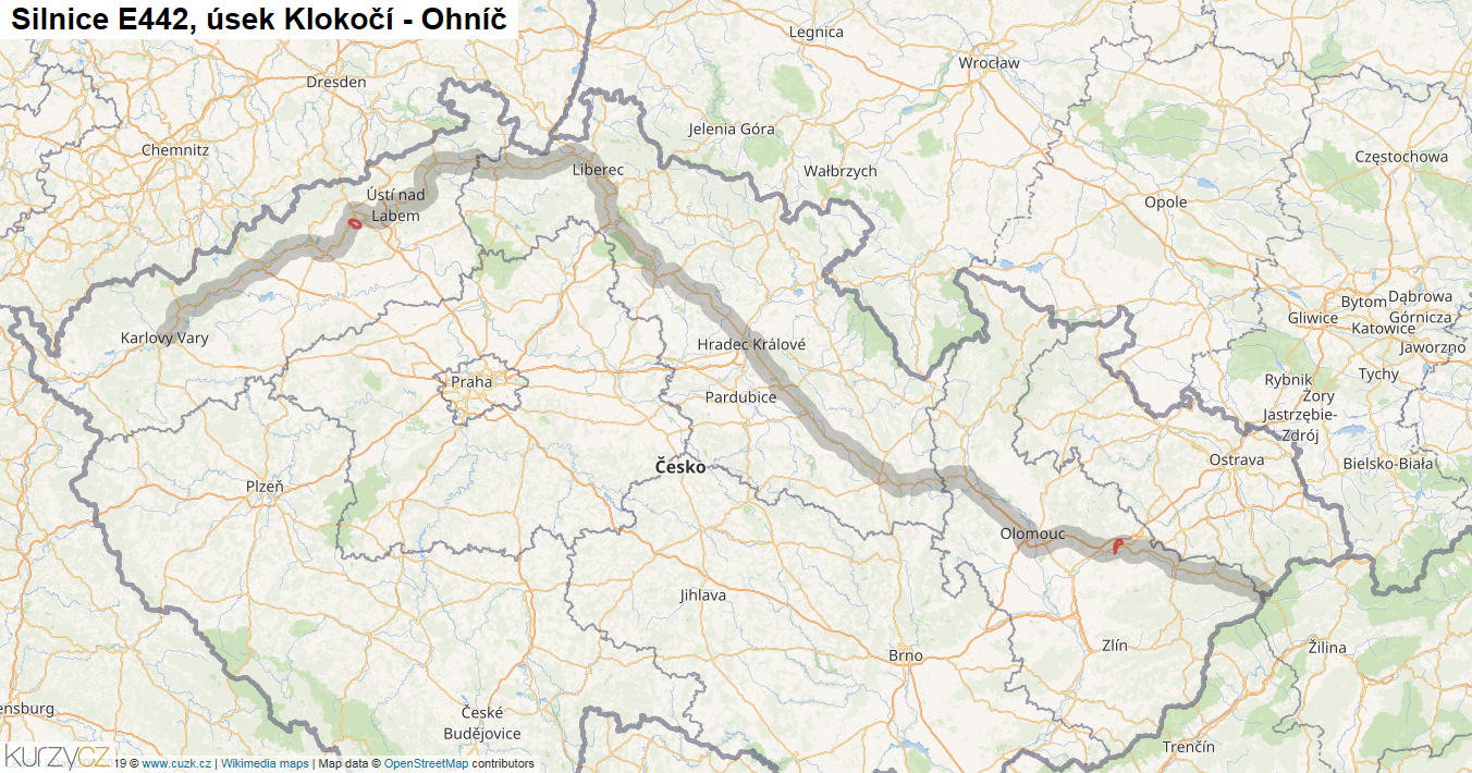 Úsek Klokočí - Ohníč, Silnice E442 - Mapa