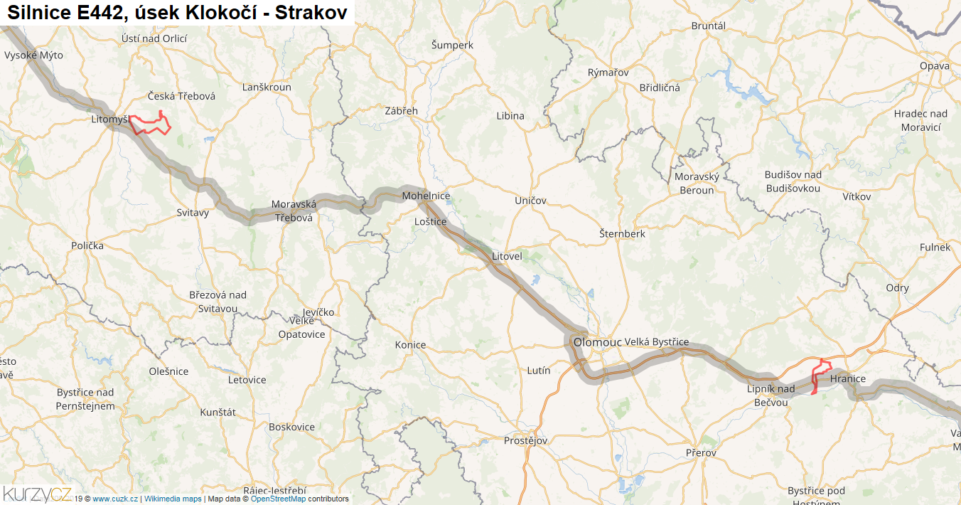 Úsek Klokočí - Strakov, Silnice E442 - Mapa