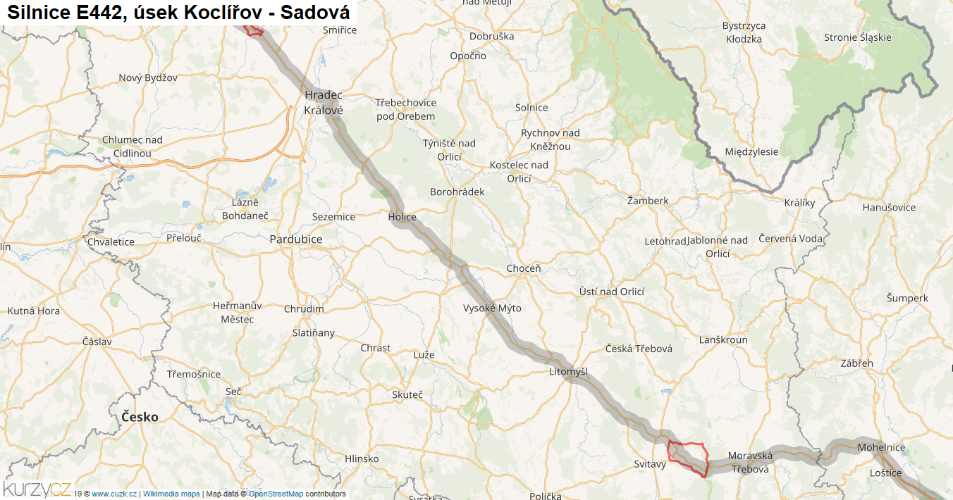 Úsek Koclířov - Sadová, Silnice E442 - Mapa