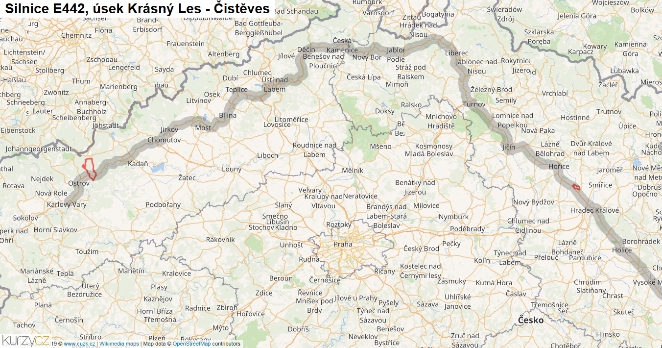 Úsek Krásný Les - Čistěves, Silnice E442 - Mapa