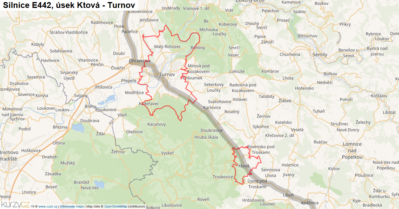 Úsek Ktová - Turnov, Silnice E442 - Mapa