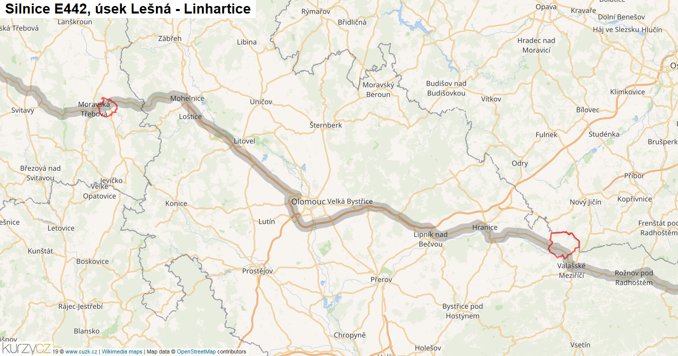 Úsek Lešná - Linhartice, Silnice E442 - Mapa