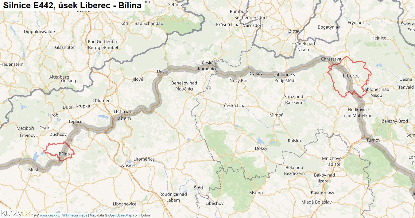 Úsek Liberec - Bílina, Silnice E442 - Mapa