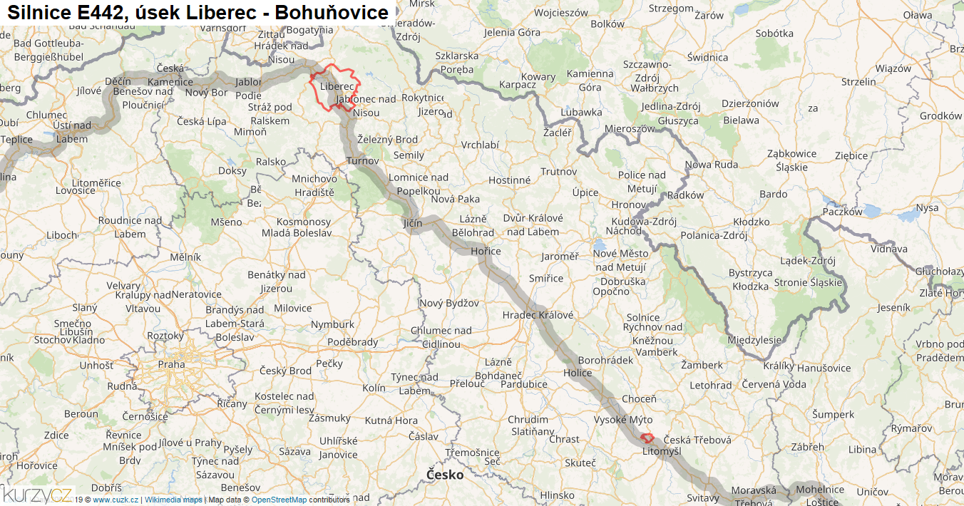 Úsek Liberec - Bohuňovice, Silnice E442 - Mapa