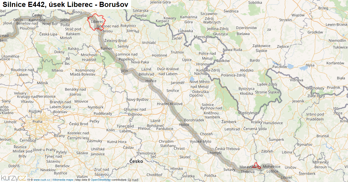 Úsek Liberec - Borušov, Silnice E442 - Mapa