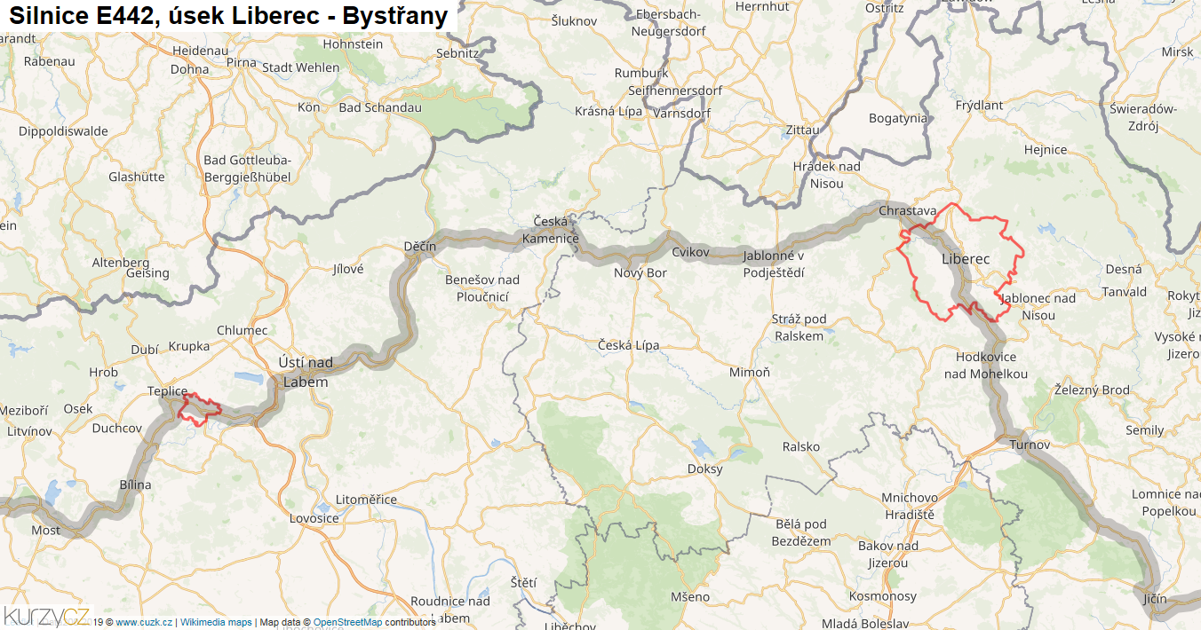 Úsek Liberec - Bystřany, Silnice E442 - Mapa