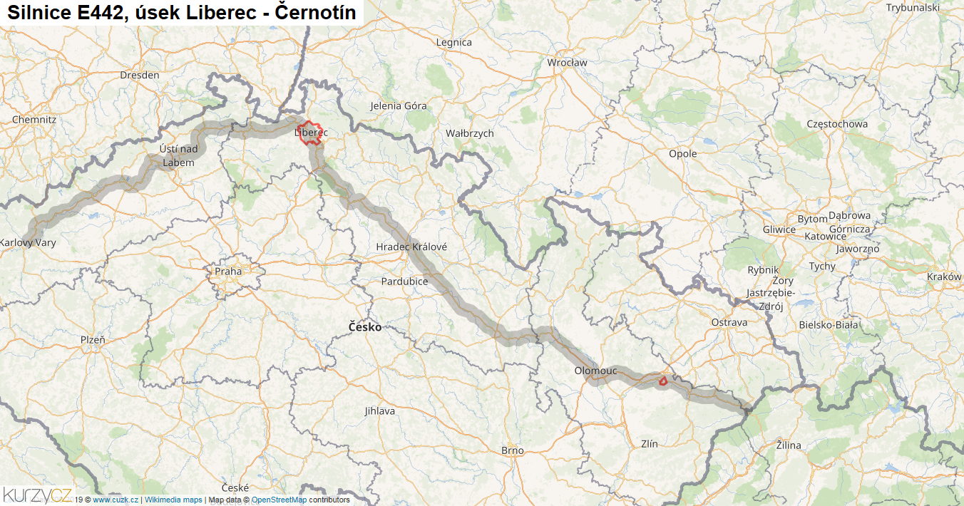 Úsek Liberec - Černotín, Silnice E442 - Mapa
