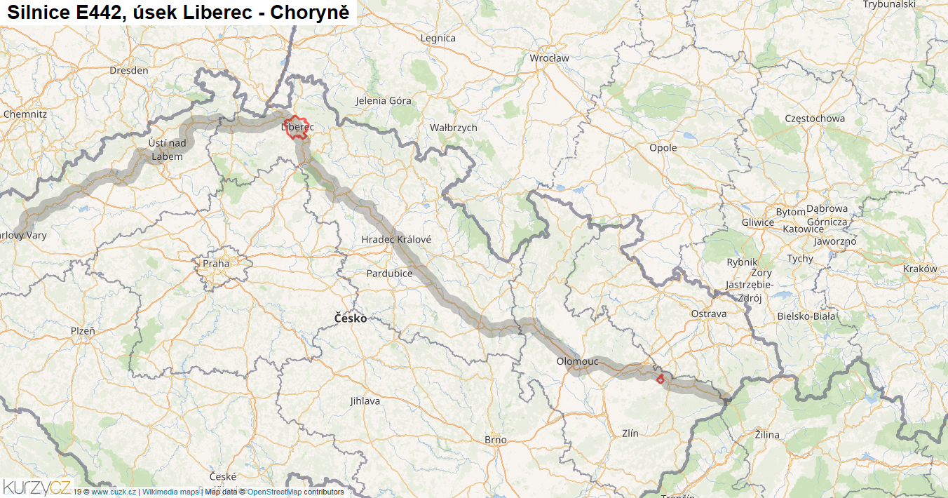Úsek Liberec - Choryně, Silnice E442 - Mapa