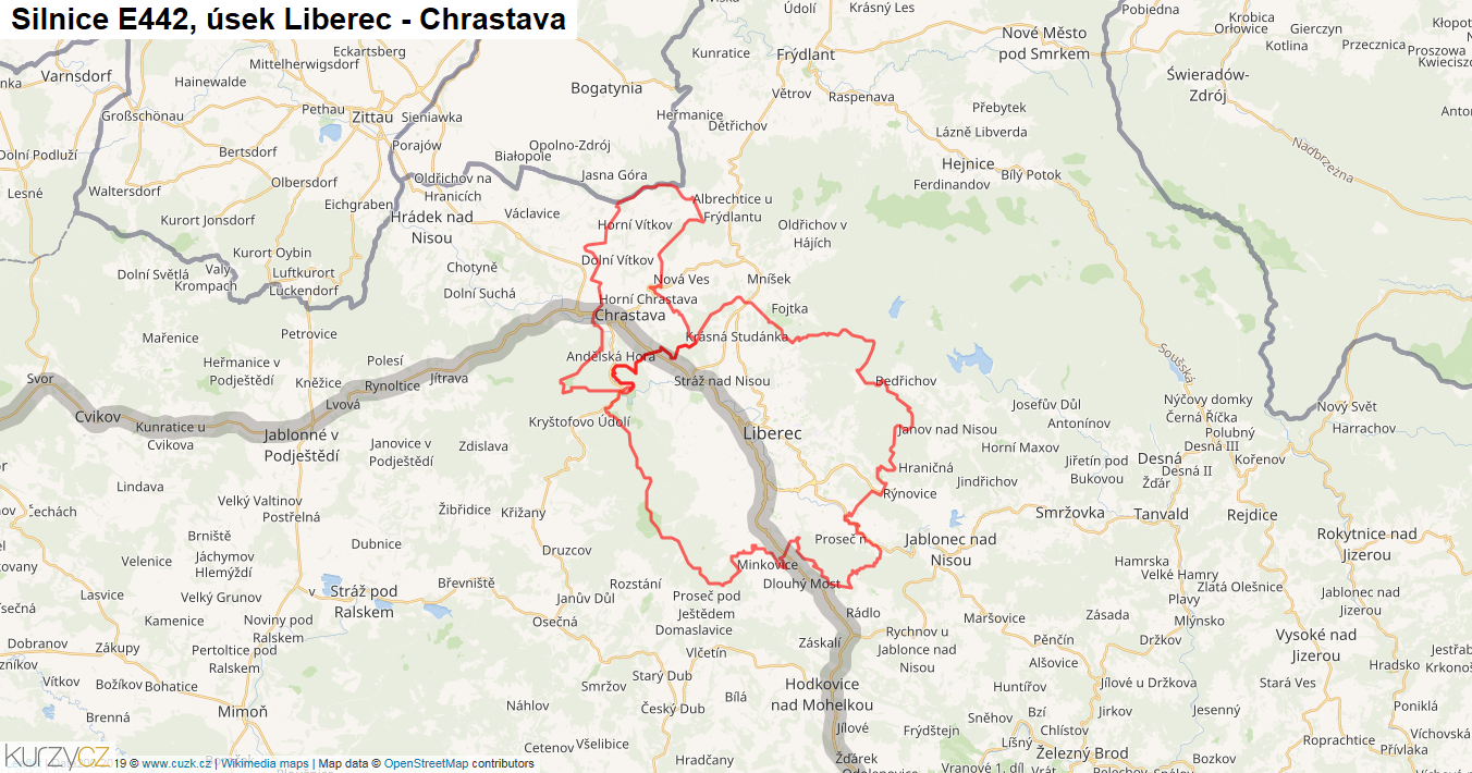 Úsek Liberec - Chrastava, Silnice E442 - Mapa