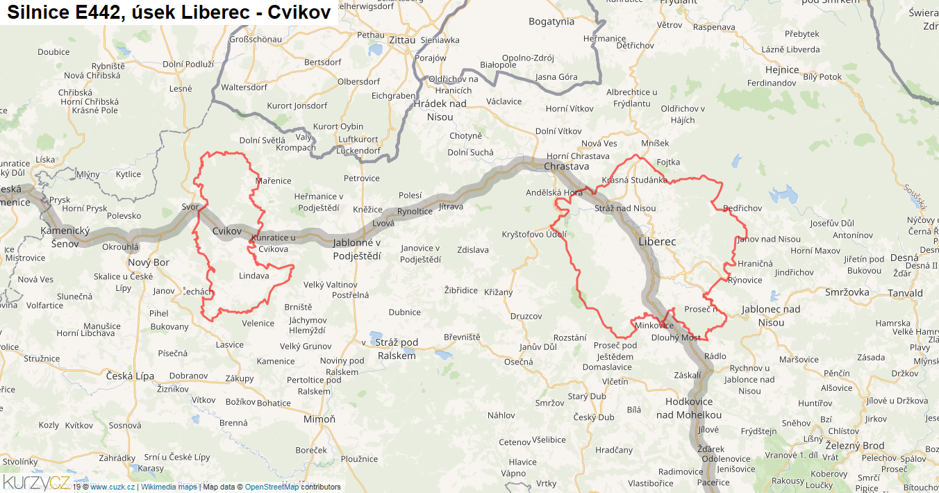 Úsek Liberec - Cvikov, Silnice E442 - Mapa