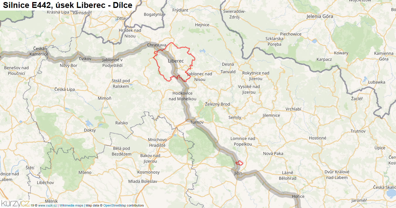Úsek Liberec - Dílce, Silnice E442 - Mapa