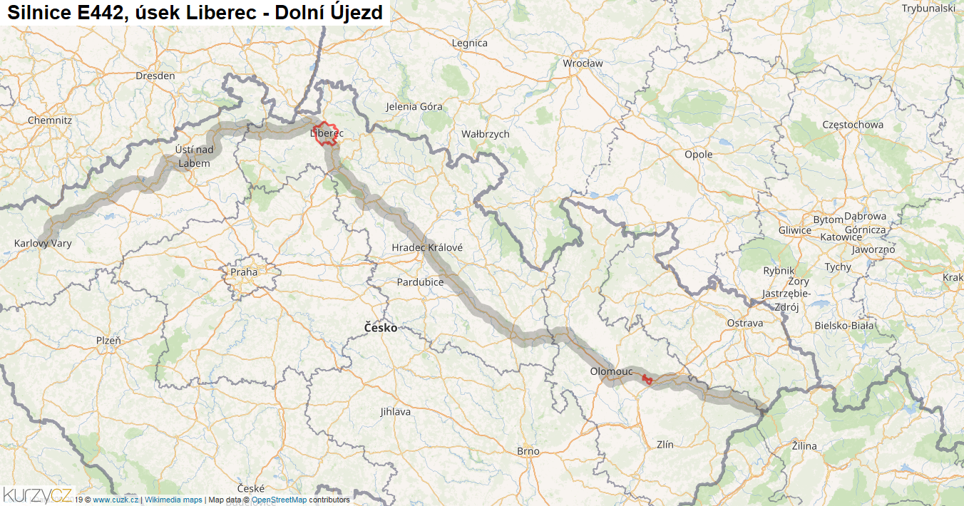 Úsek Liberec - Dolní Újezd, Silnice E442 - Mapa