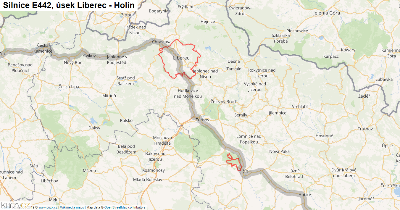 Úsek Liberec - Holín, Silnice E442 - Mapa