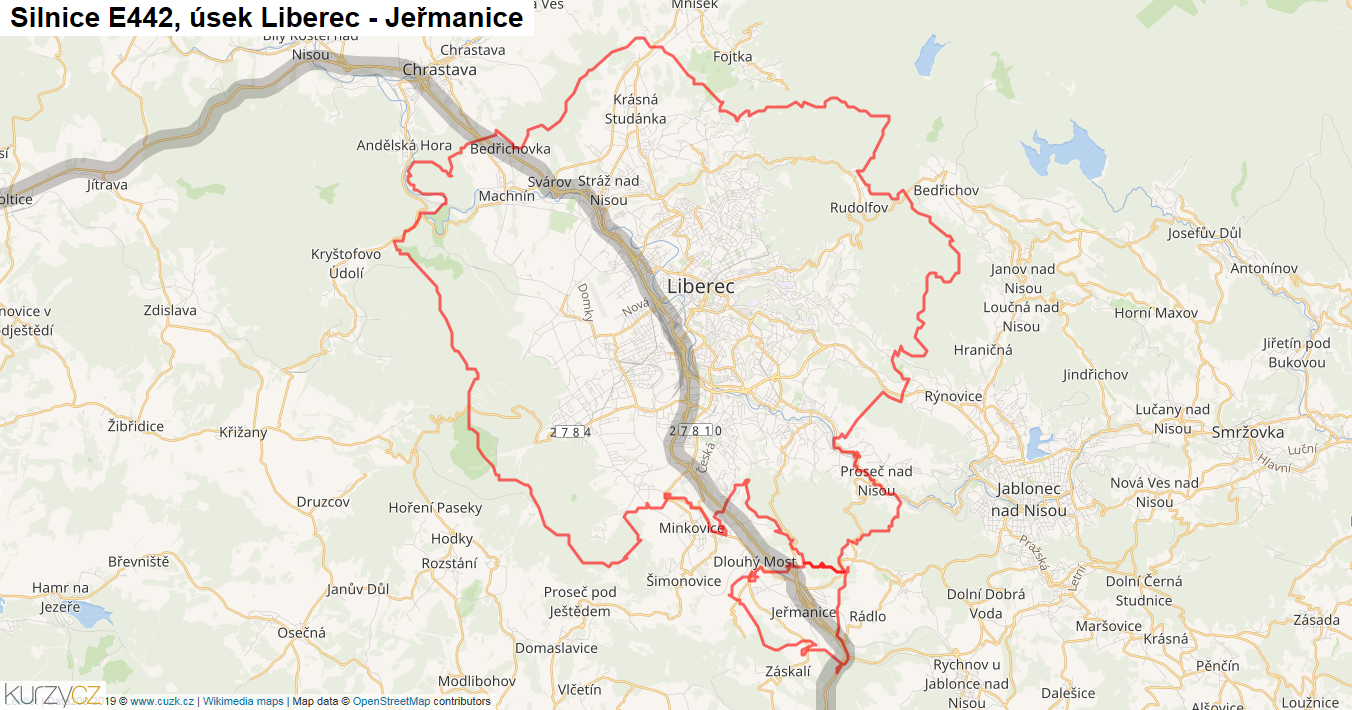 Úsek Liberec - Jeřmanice, Silnice E442 - Mapa