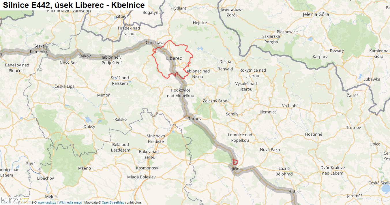 Úsek Liberec - Kbelnice, Silnice E442 - Mapa