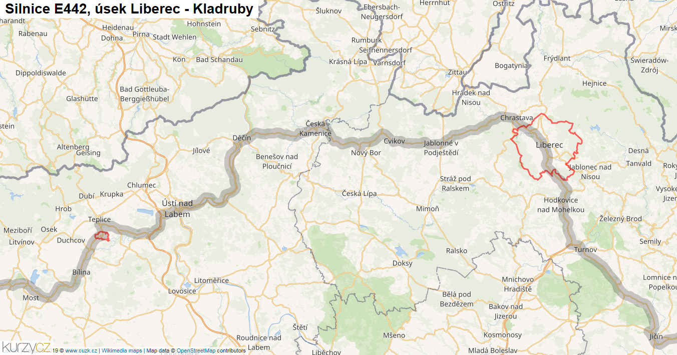 Úsek Liberec - Kladruby, Silnice E442 - Mapa