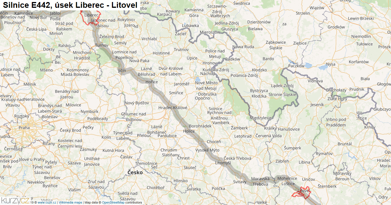 Úsek Liberec - Litovel, Silnice E442 - Mapa