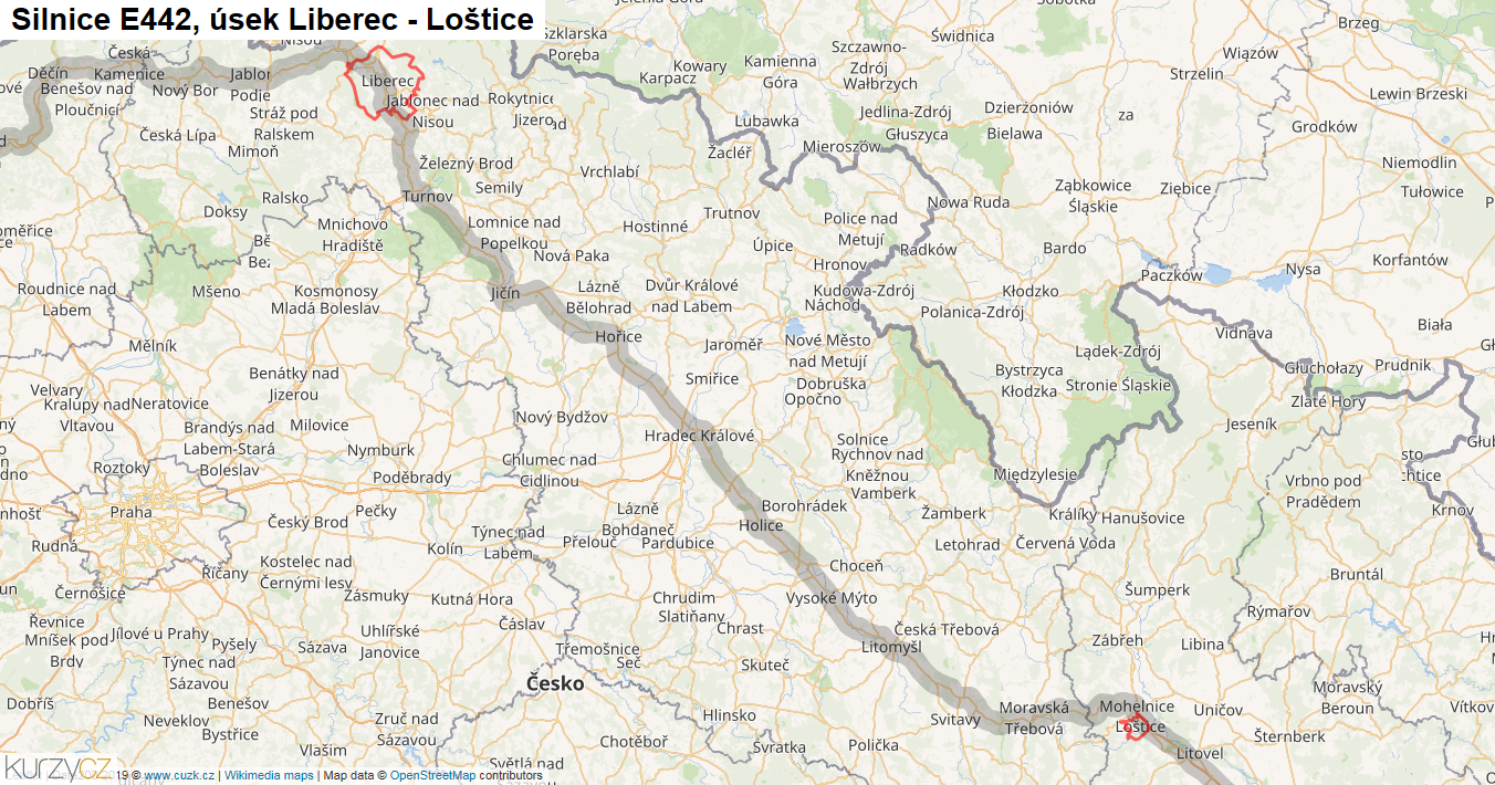 Úsek Liberec - Loštice, Silnice E442 - Mapa
