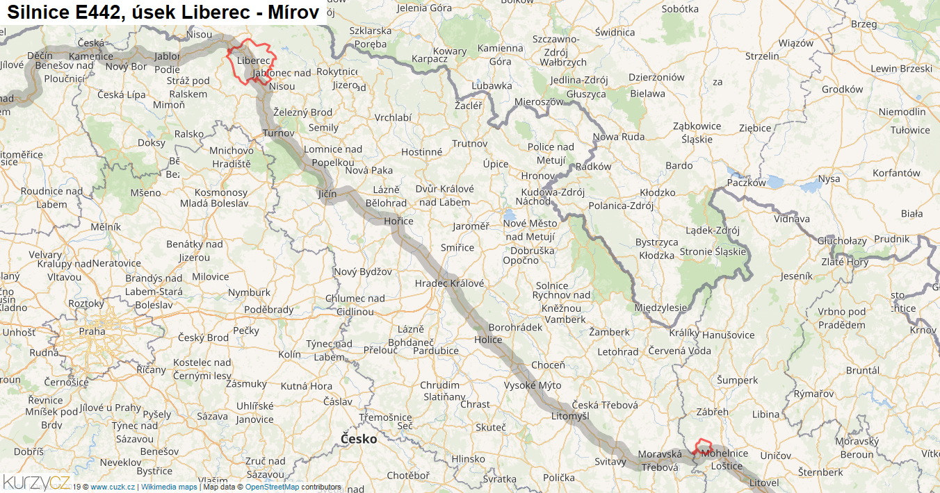 Úsek Liberec - Mírov, Silnice E442 - Mapa