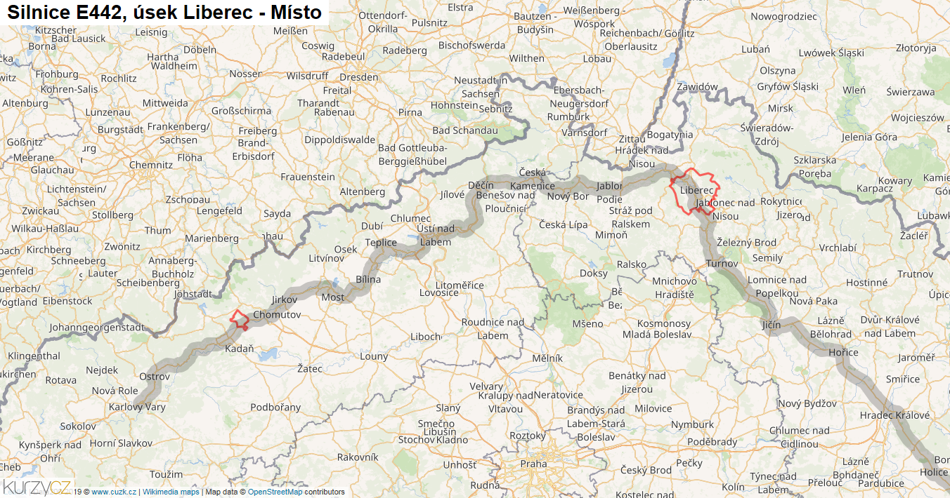 Úsek Liberec - Místo, Silnice E442 - Mapa