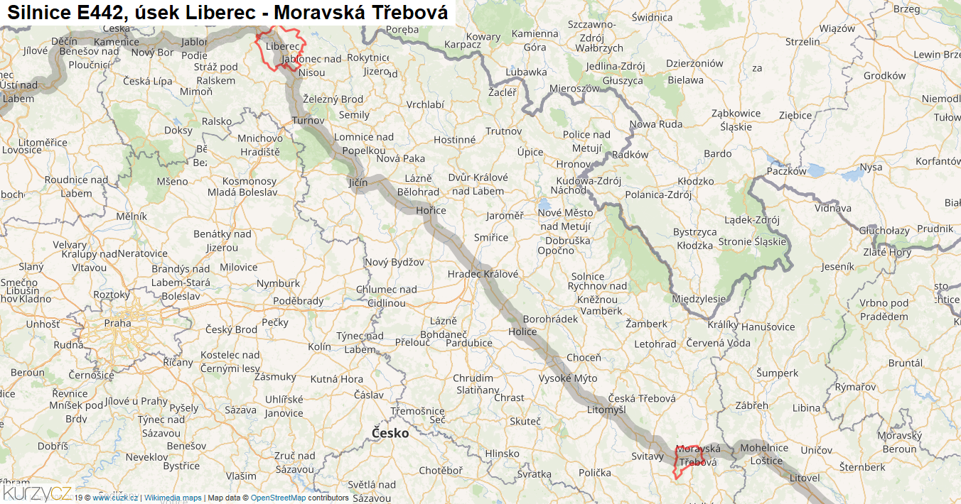 Úsek Liberec - Moravská Třebová, Silnice E442 - Mapa