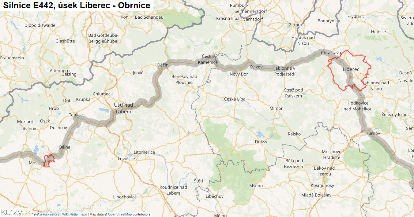 Úsek Liberec - Obrnice, Silnice E442 - Mapa
