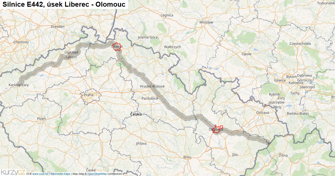 Úsek Liberec - Olomouc, Silnice E442 - Mapa