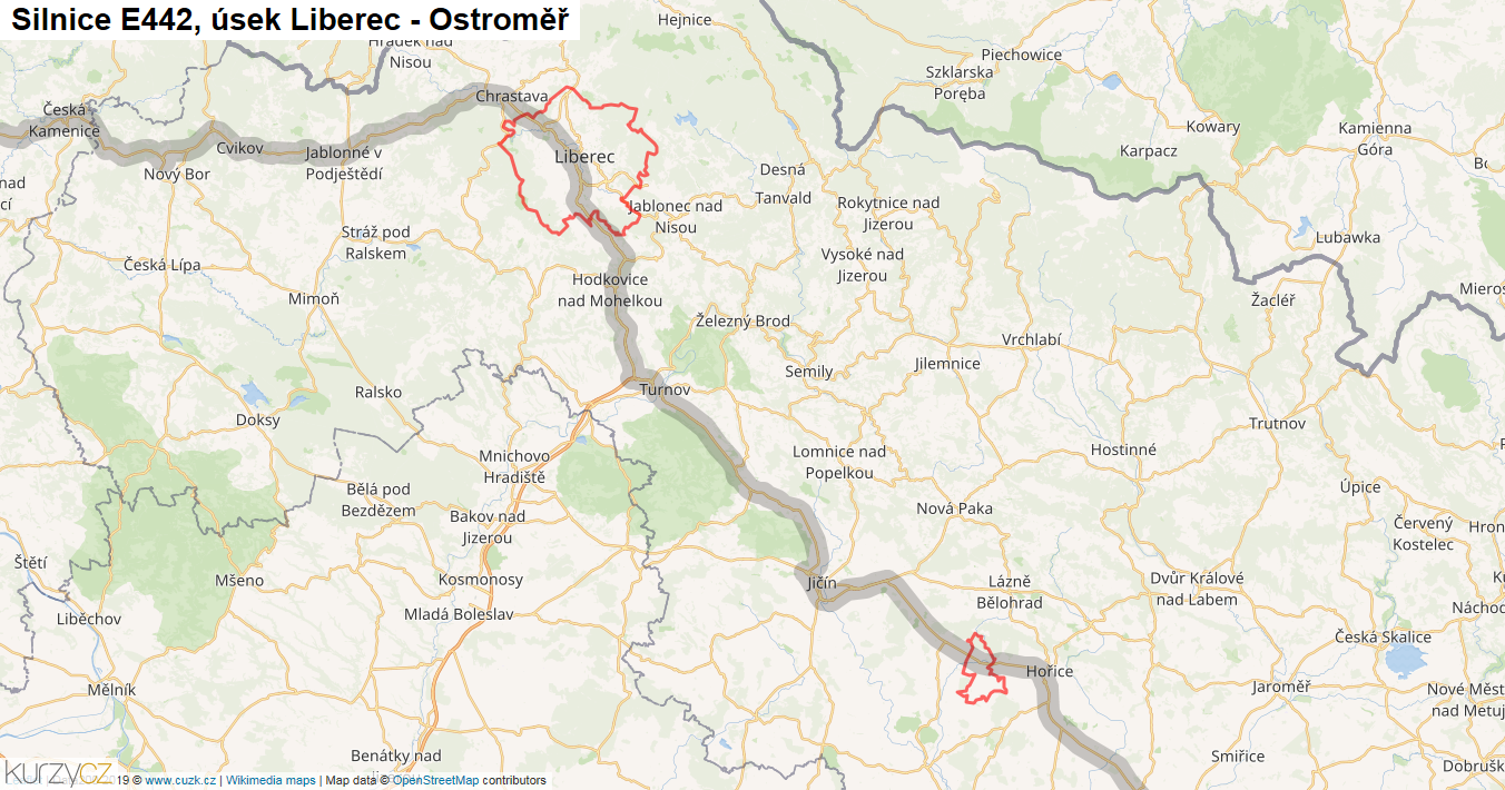 Úsek Liberec - Ostroměř, Silnice E442 - Mapa