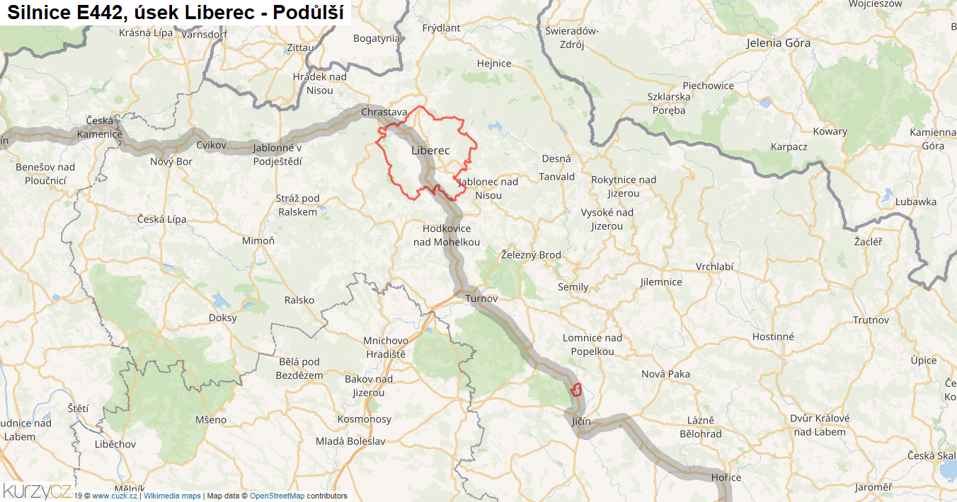 Úsek Liberec - Podůlší, Silnice E442 - Mapa