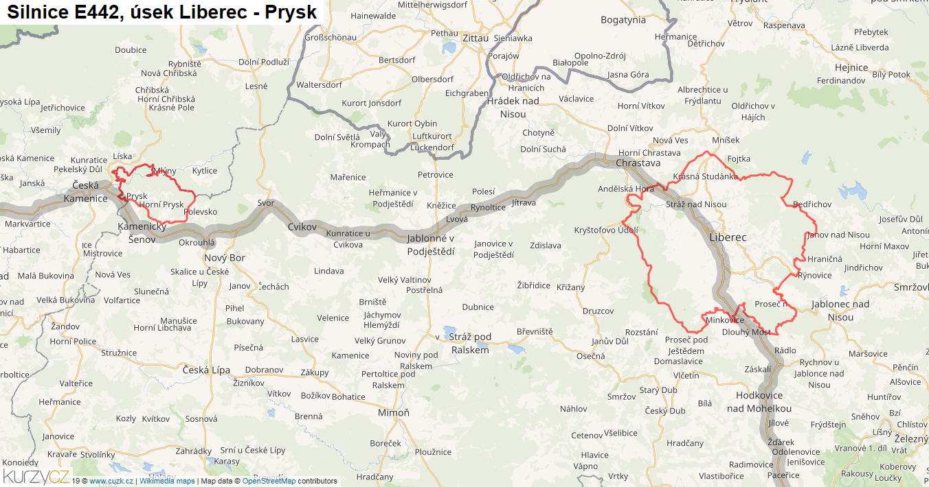 Úsek Liberec - Prysk, Silnice E442 - Mapa