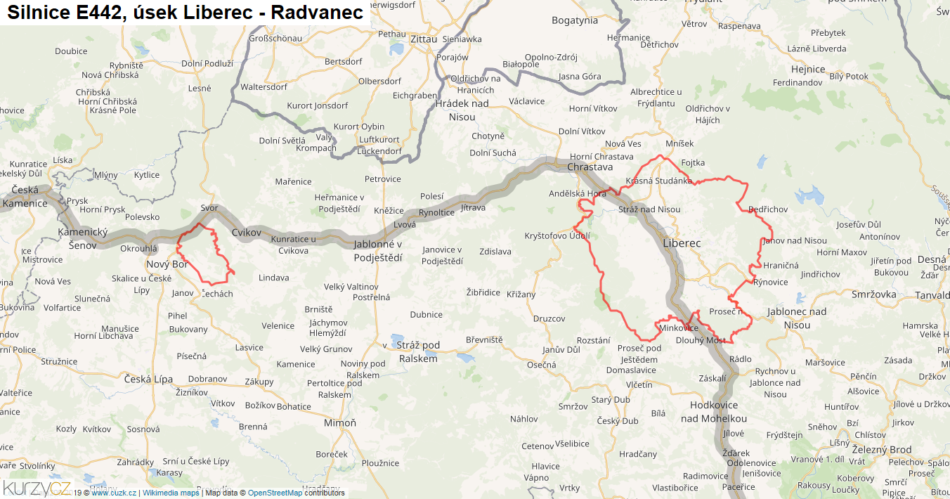 Úsek Liberec - Radvanec, Silnice E442 - Mapa