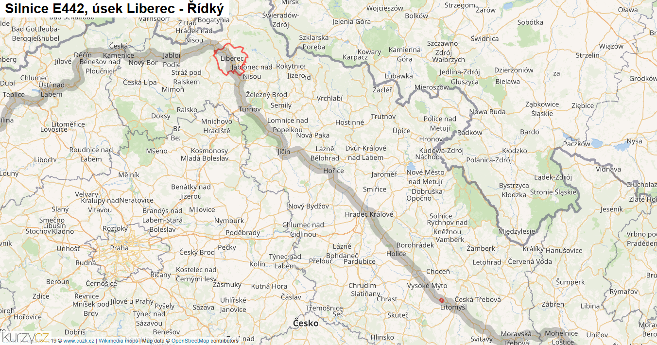 Úsek Liberec - Řídký, Silnice E442 - Mapa