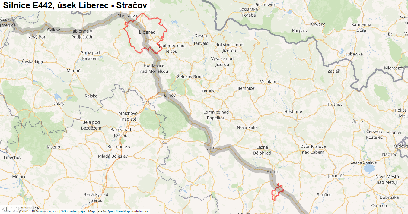 Úsek Liberec - Stračov, Silnice E442 - Mapa