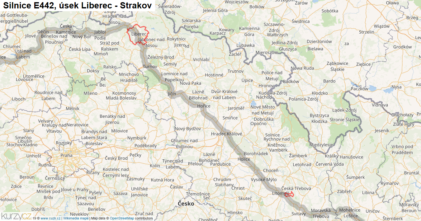 Úsek Liberec - Strakov, Silnice E442 - Mapa