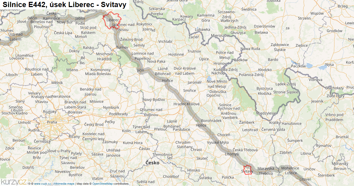 Úsek Liberec - Svitavy, Silnice E442 - Mapa