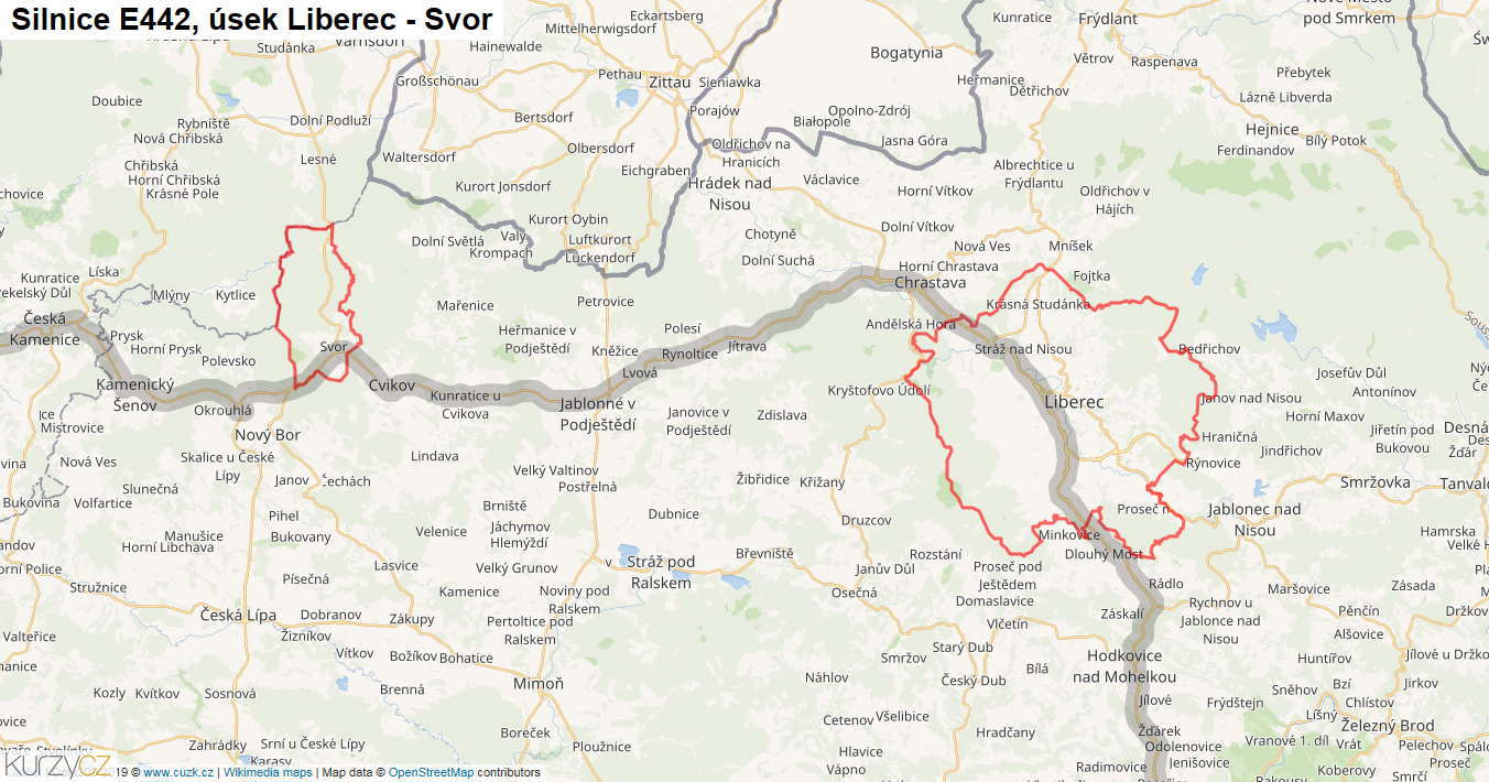 Úsek Liberec - Svor, Silnice E442 - Mapa