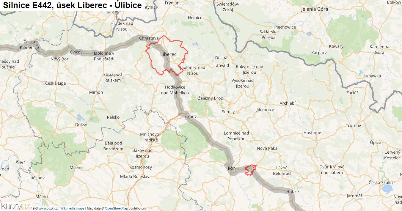Úsek Liberec - Úlibice, Silnice E442 - Mapa