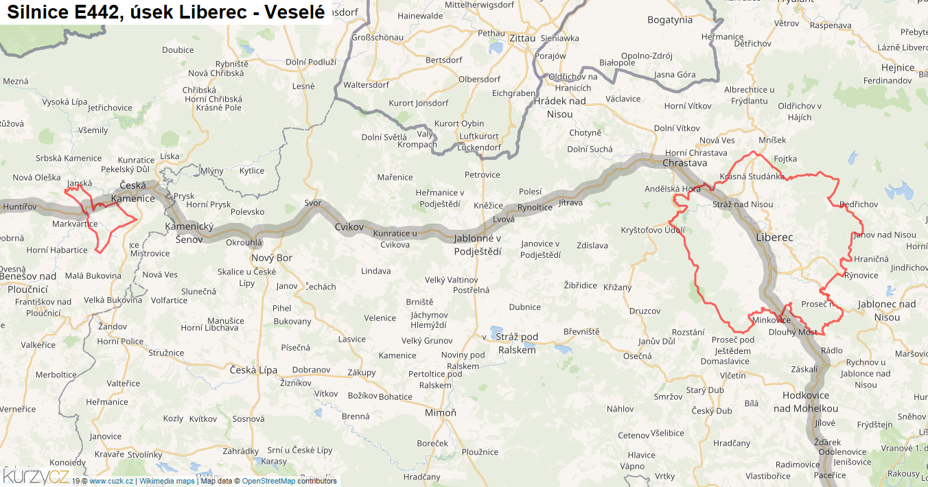 Úsek Liberec - Veselé, Silnice E442 - Mapa