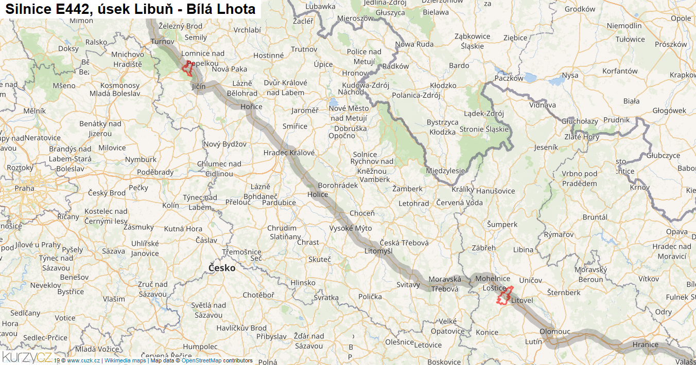 Úsek Libuň - Bílá Lhota, Silnice E442 - Mapa