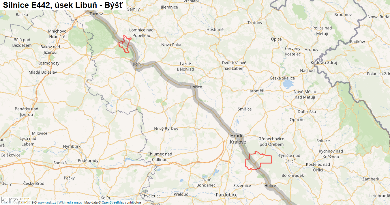 Úsek Libuň - Býšť, Silnice E442 - Mapa