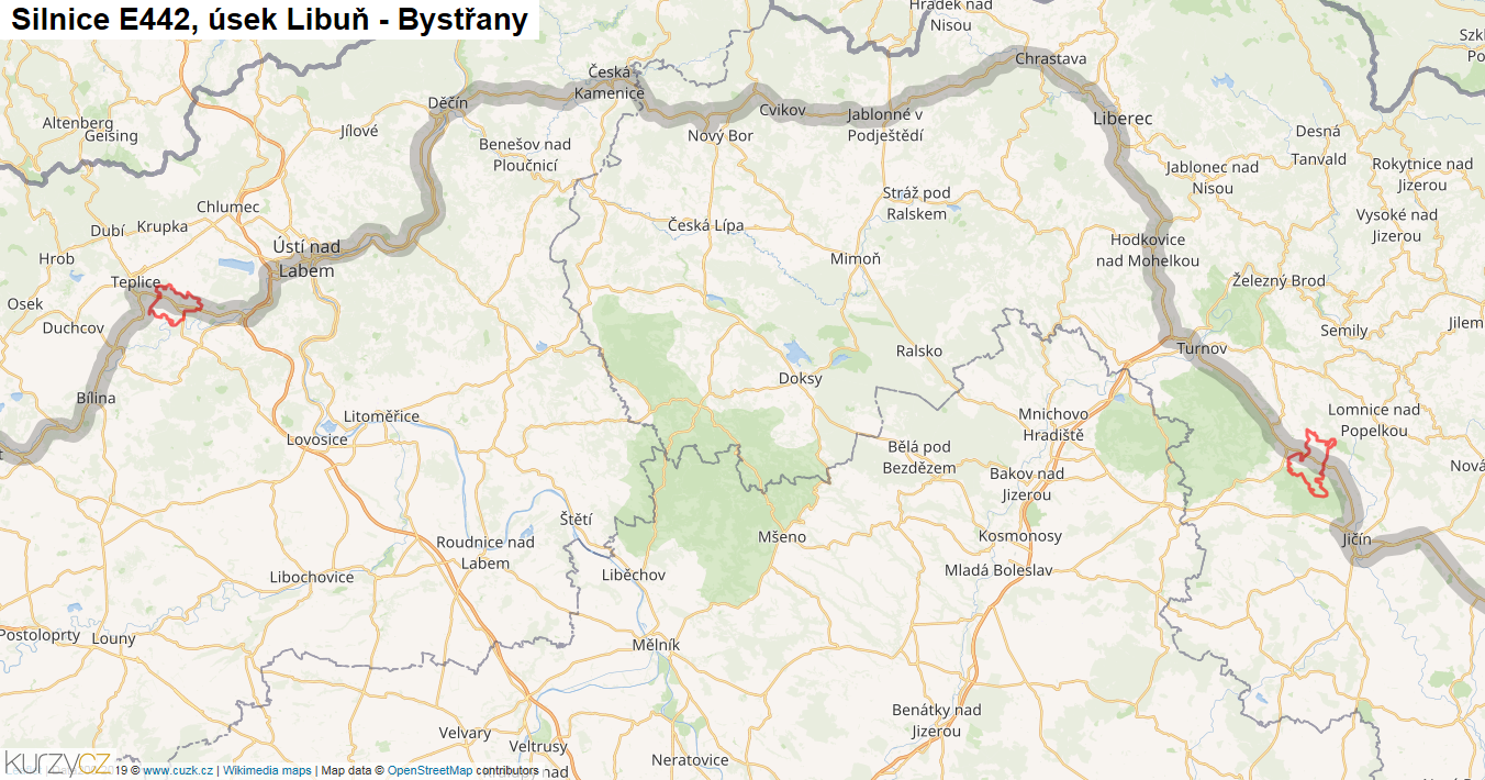 Úsek Libuň - Bystřany, Silnice E442 - Mapa