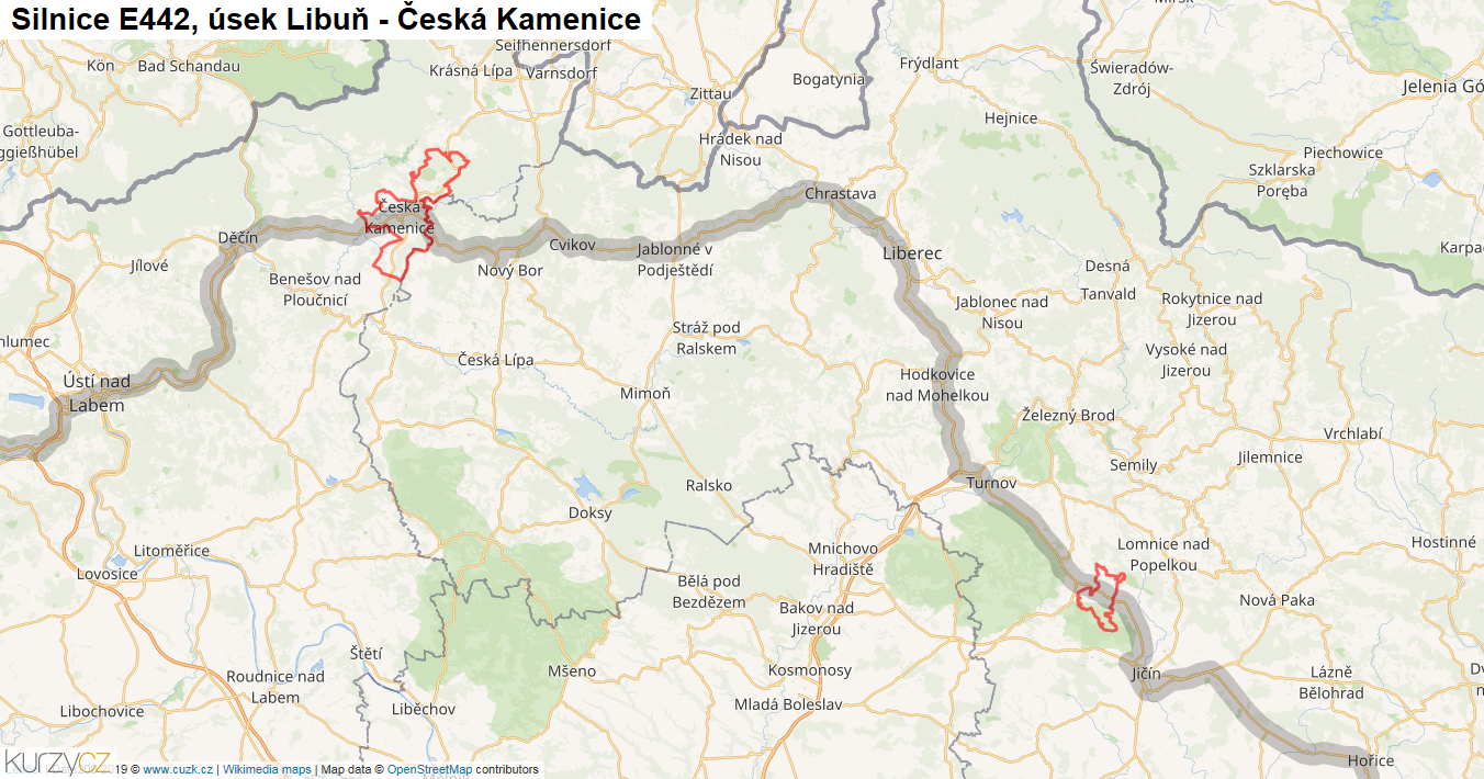 Úsek Libuň - Česká Kamenice, Silnice E442 - Mapa
