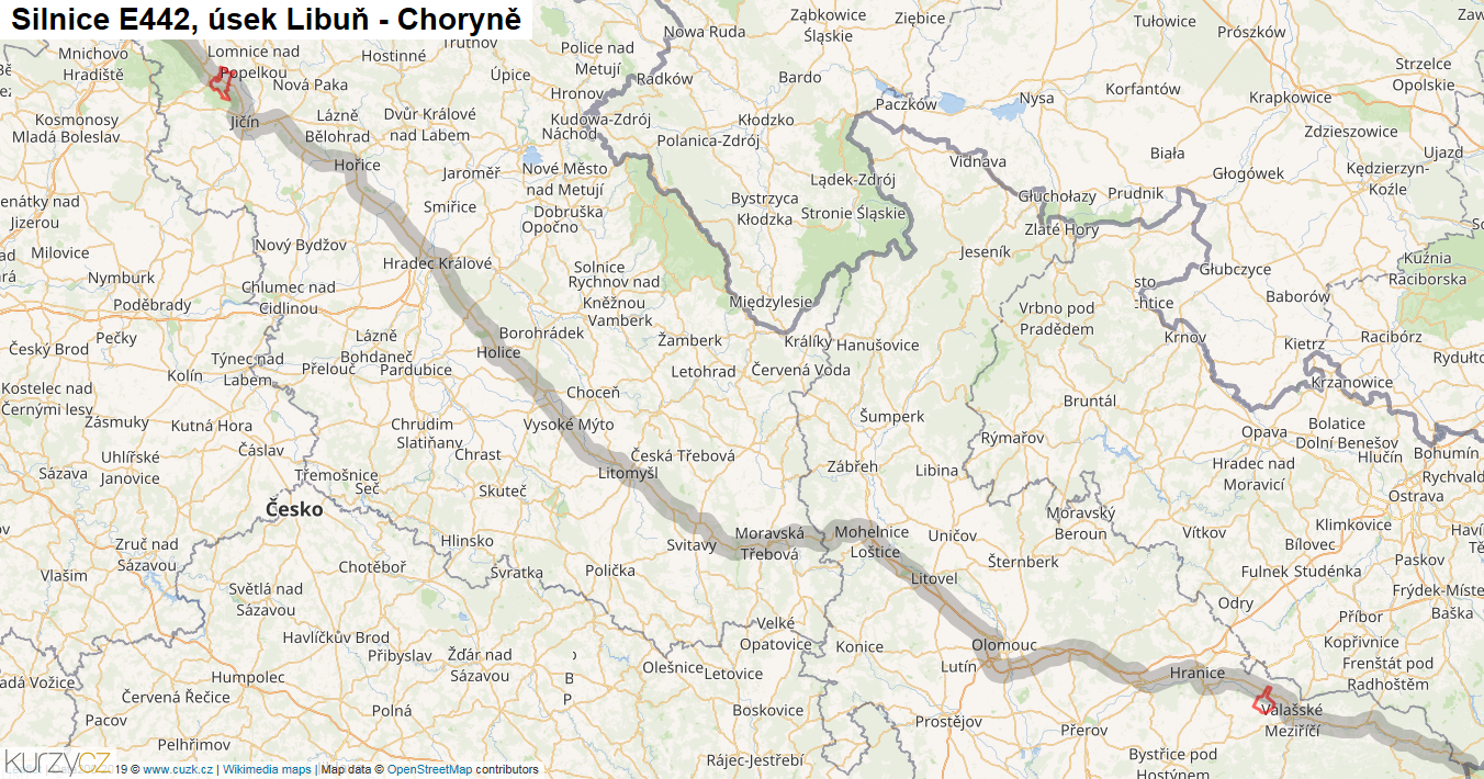 Úsek Libuň - Choryně, Silnice E442 - Mapa