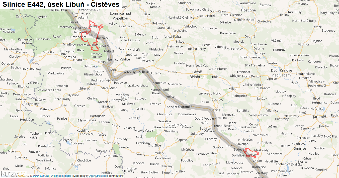 Úsek Libuň - Čistěves, Silnice E442 - Mapa