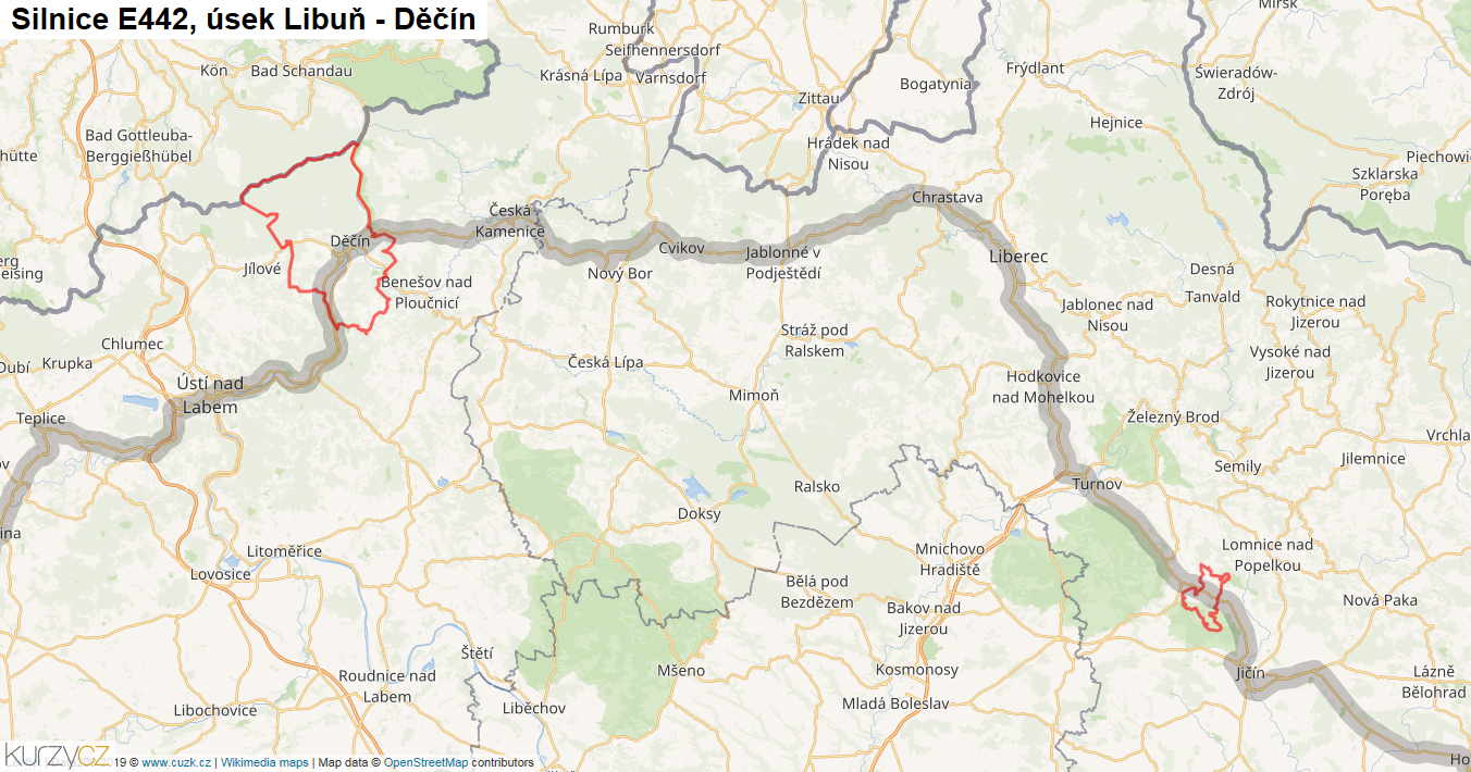Úsek Libuň - Děčín, Silnice E442 - Mapa