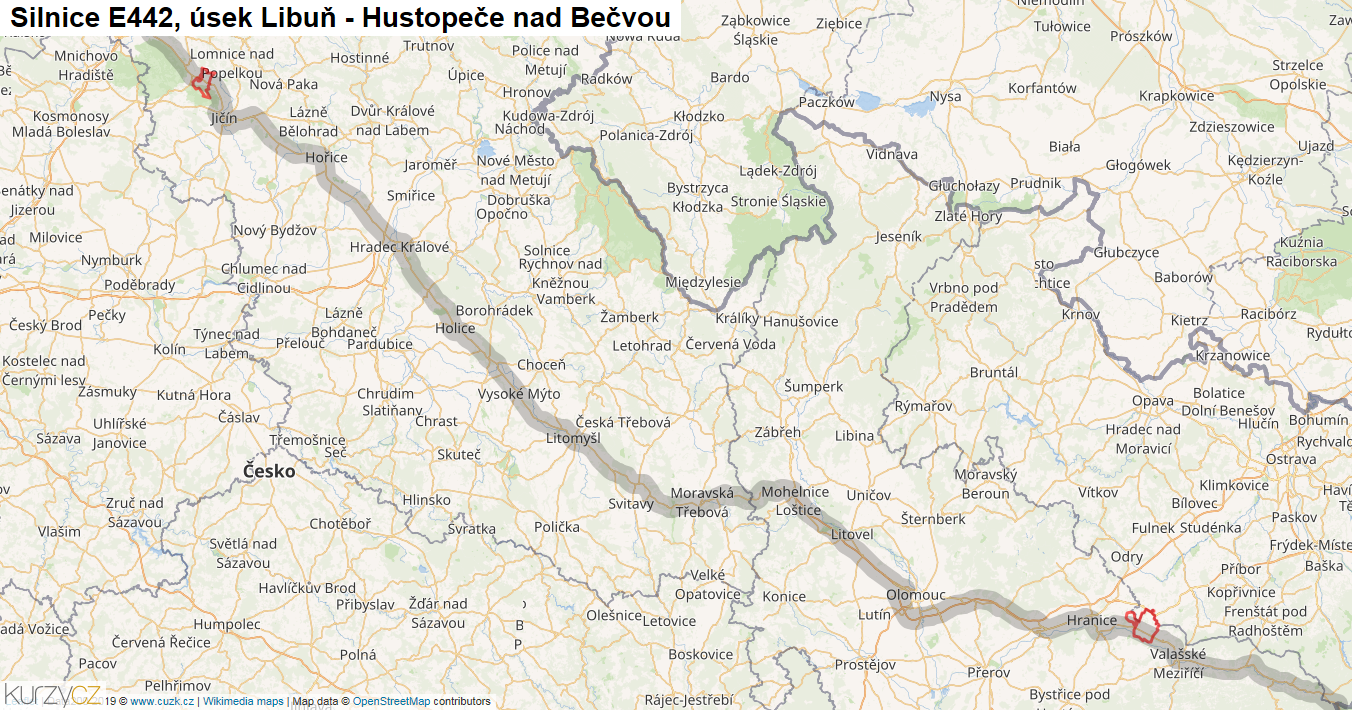 Úsek Libuň - Hustopeče nad Bečvou, Silnice E442 - Mapa